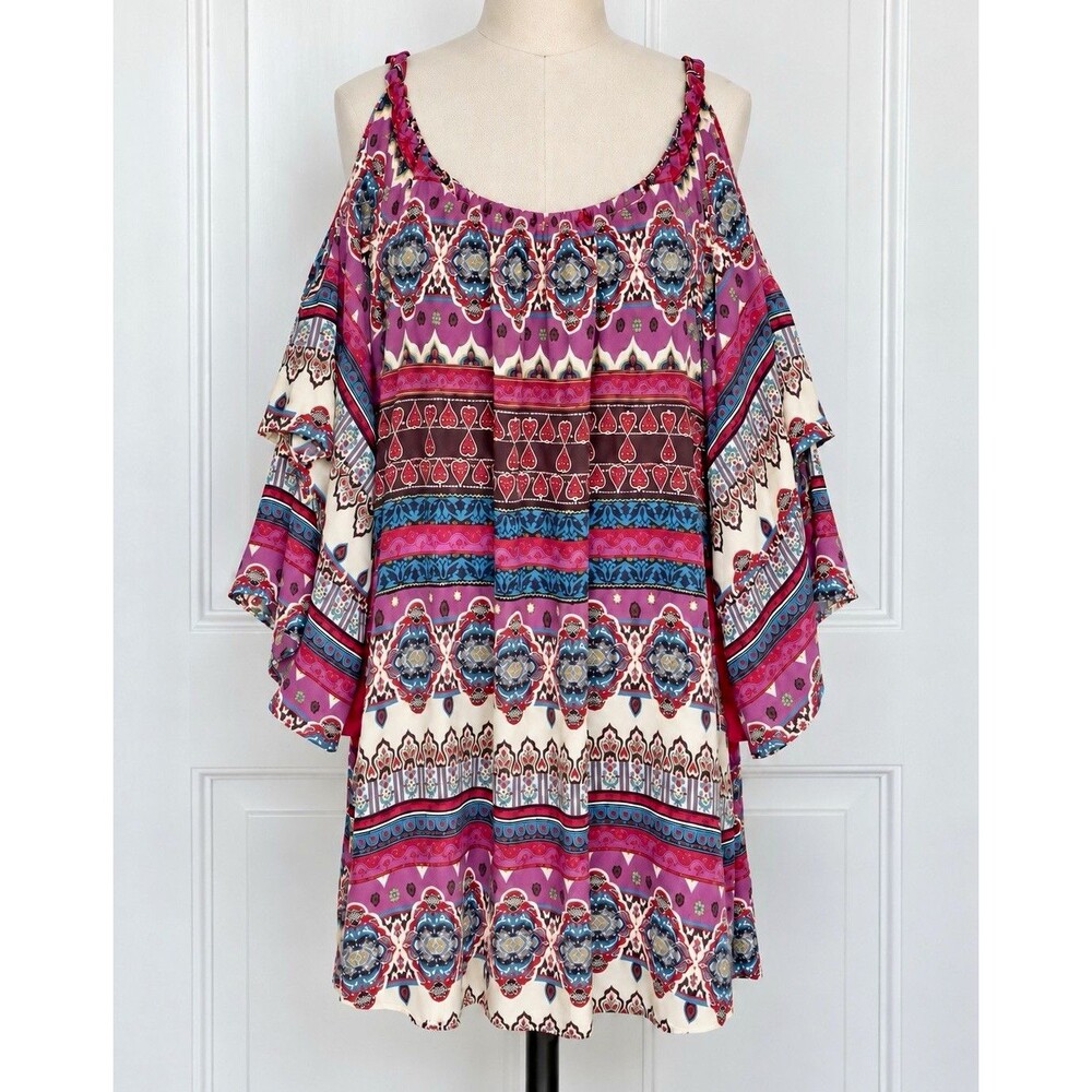 Cinnamon Women’s Medium Boho Paisley Cold Shoulder Bell Sleeve Tunic Dress Y2K